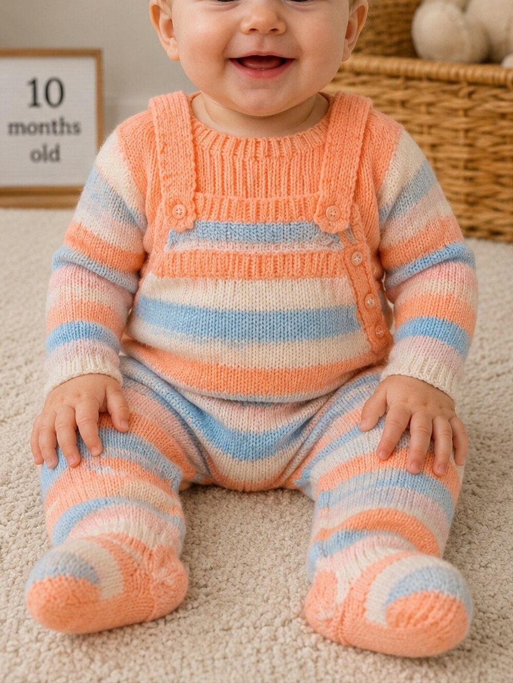 🧶 Handmade Knit Baby Outfit Set | New | Peach Pastel Stripes | 6–12 Months